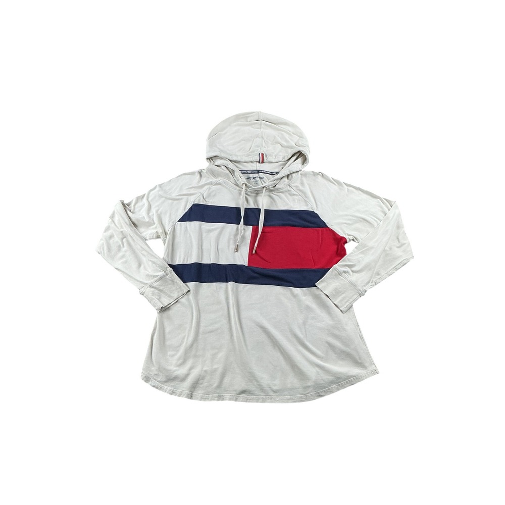 Tommy Hilfiger Sport Womens Large Hooded Long Sleeve T-Shirt Colorblock Logo
